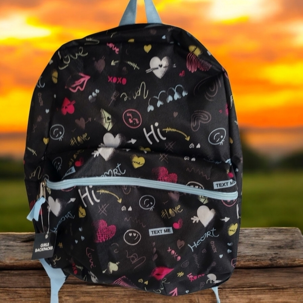 Girls Back Pack Black Two Zipper New With Tags "Love" Back to School Adjustable